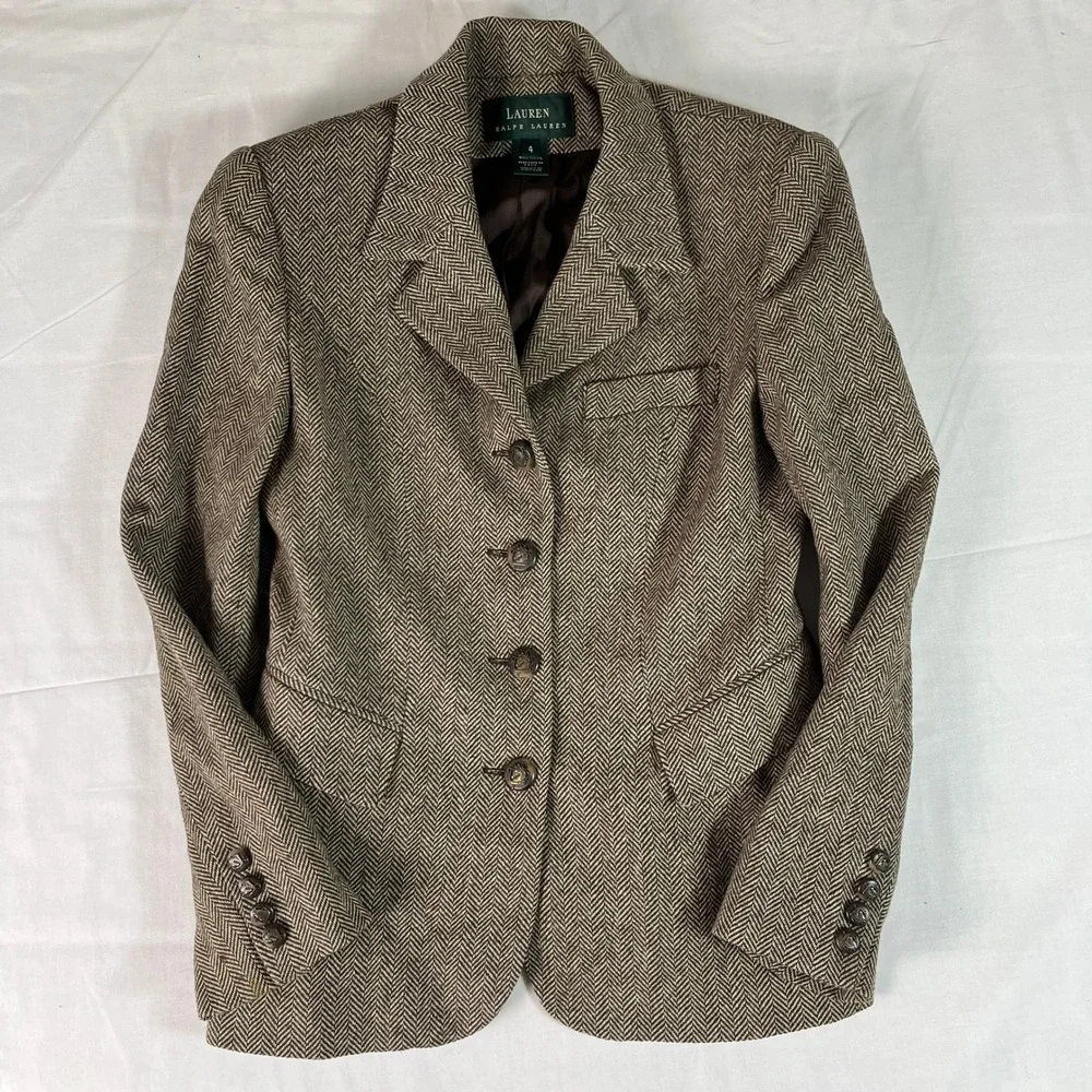 Lauren Ralph Lauren Blazer Women 4 Brown Good Herringbone Wool 4-Button USA Made